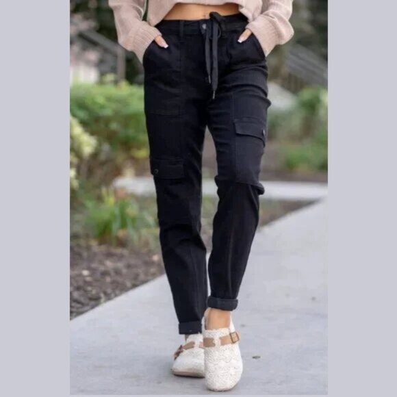 JUDY BLUE Cargo High Rise Denim Jogger Pants Utility Stretch Black Women's 14W - Picture 1 of 16